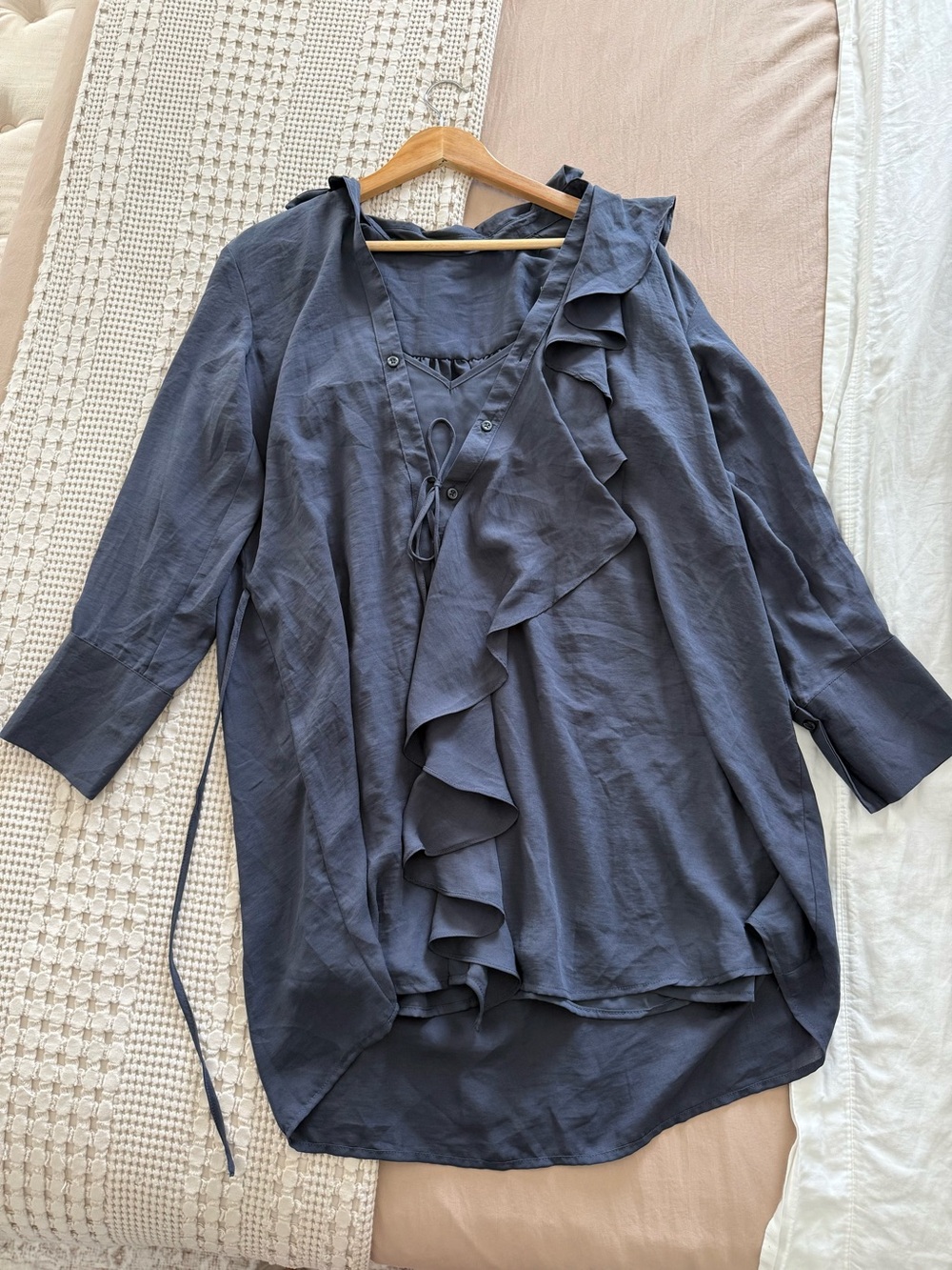 NEW Future Collective Slate Blue Ruffle-Front Mini Dress/Tunic Size S